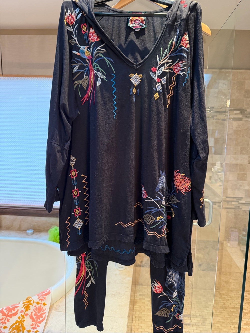 Johnny Was Watipaso Black Hooded Tunic with Multicolor Embroidery and Leggings